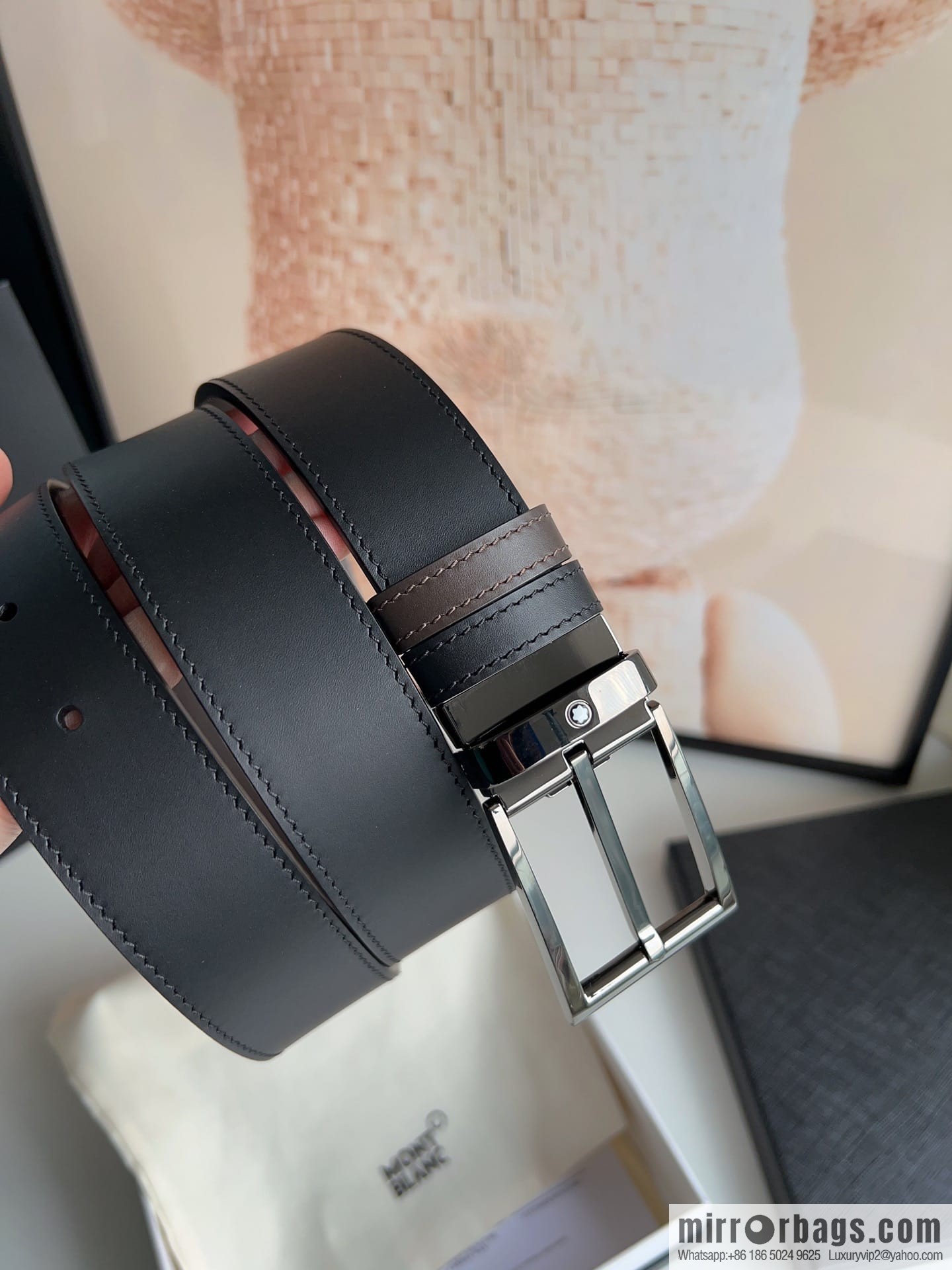 MONTBLANC Montblanc 3.5 wide and simple hexagram chic pin metal buckle first layer cowhide double-sided belt