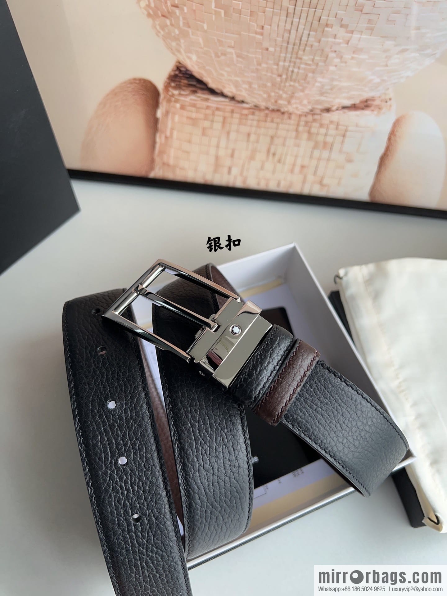 MONTBLANC Montblanc 3.5 wide and simple hexagram chic pin metal buckle first layer cowhide double-sided belt