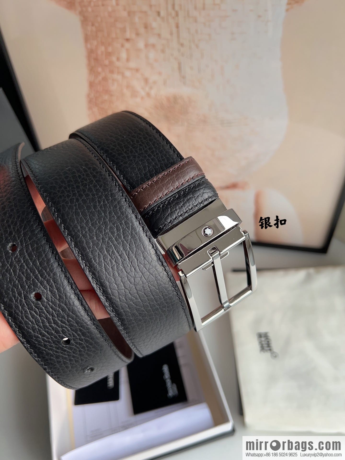 MONTBLANC Montblanc 3.5 wide and simple hexagram chic pin metal buckle first layer cowhide double-sided belt