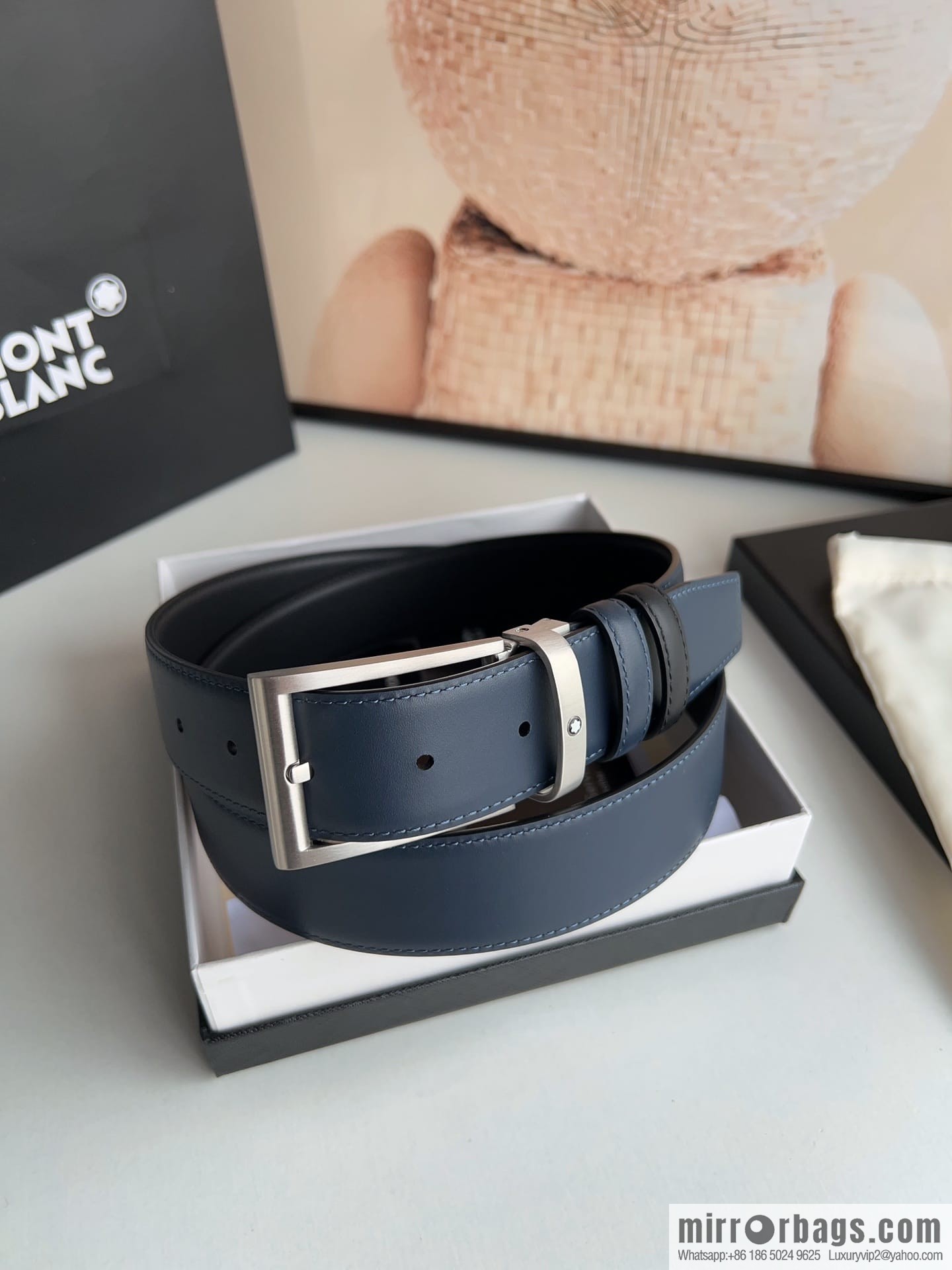 MONTBLANC Montblanc 3.5 wide and simple hexagram chic pin metal buckle first layer cowhide double-sided belt
