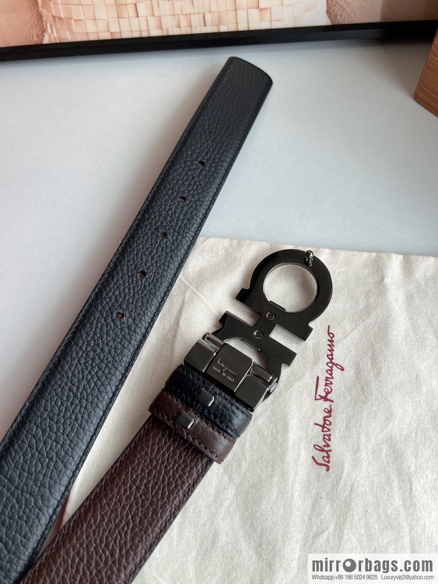 Ferragamo Ferragamo, Exquisite 8-Figure Metal Glossy Clip Buckle Men's 3.5cm Belt
