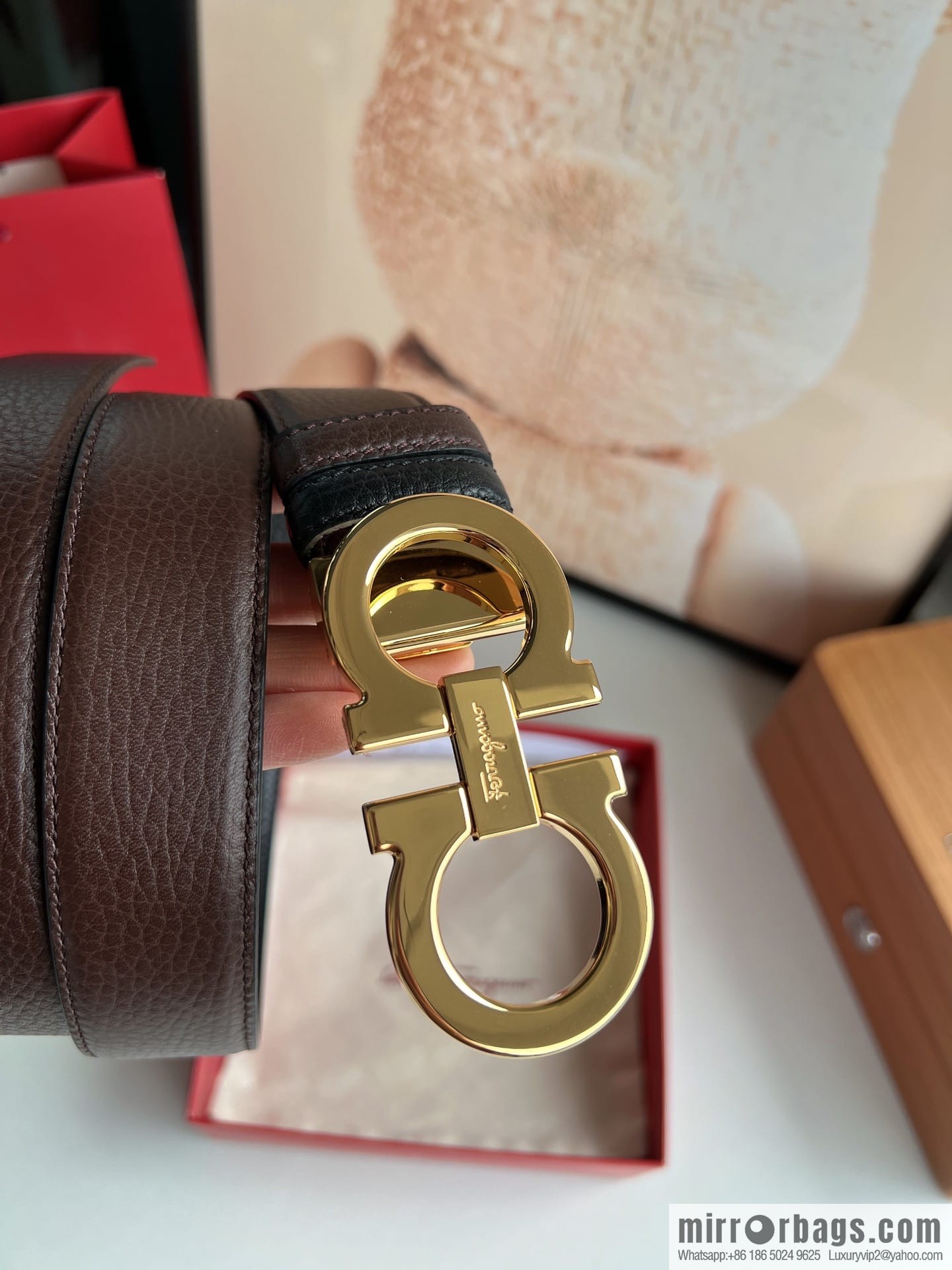 Ferragamo Ferragamo, Exquisite 8-Figure Metal Glossy Clip Buckle Men's 3.5cm Belt
