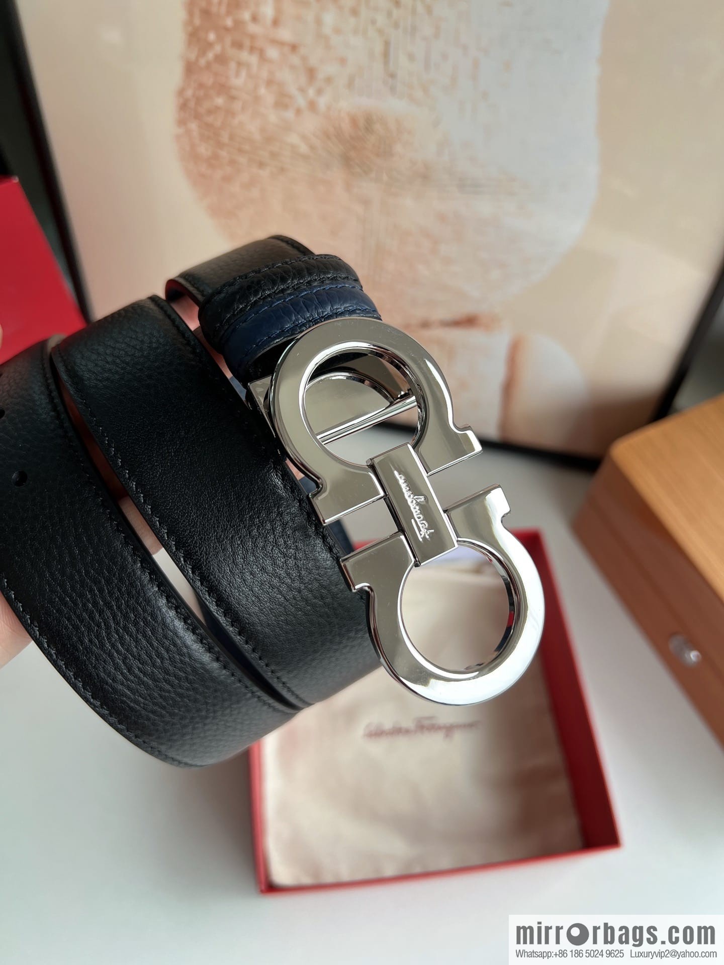 Ferragamo Ferragamo, Exquisite 8-Figure Metal Glossy Clip Buckle Men's 3.5cm Belt