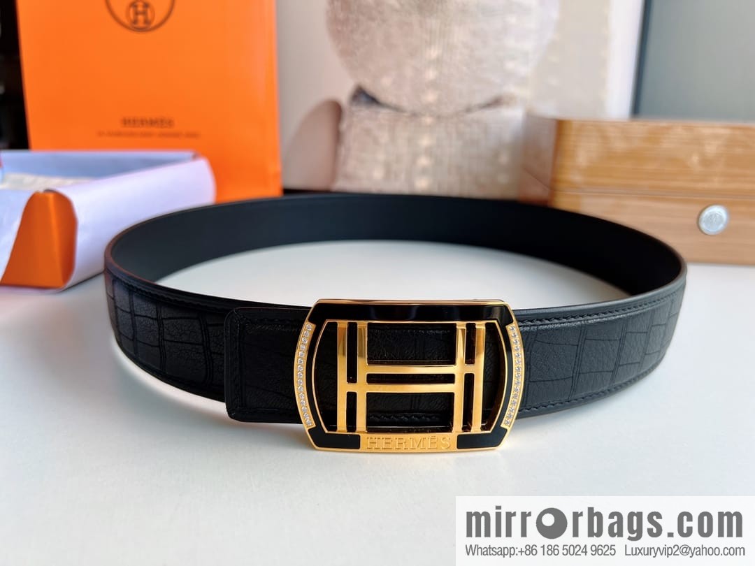 Hermes Hermes, Stainless Steel H Square Resin Inlaid Diamond Buckle Men's 3.8cm Belt
