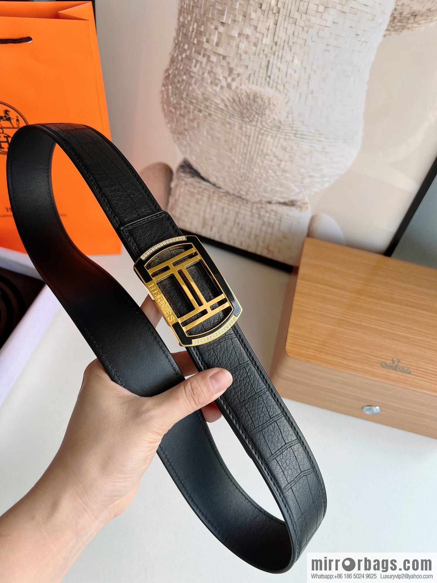 Hermes Hermes, Stainless Steel H Square Resin Inlaid Diamond Buckle Men's 3.8cm Belt