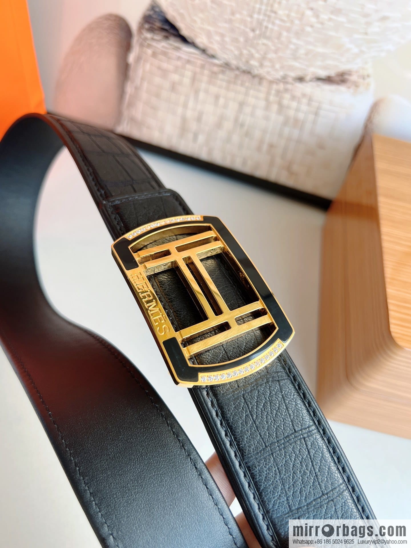 Hermes Hermes, Stainless Steel H Square Resin Inlaid Diamond Buckle Men's 3.8cm Belt