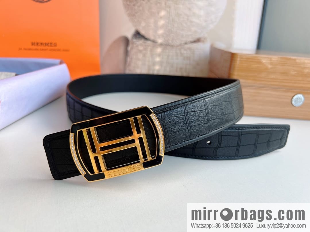 Hermes Hermes, Stainless Steel H Square Resin Inlaid Diamond Buckle Men's 3.8cm Belt