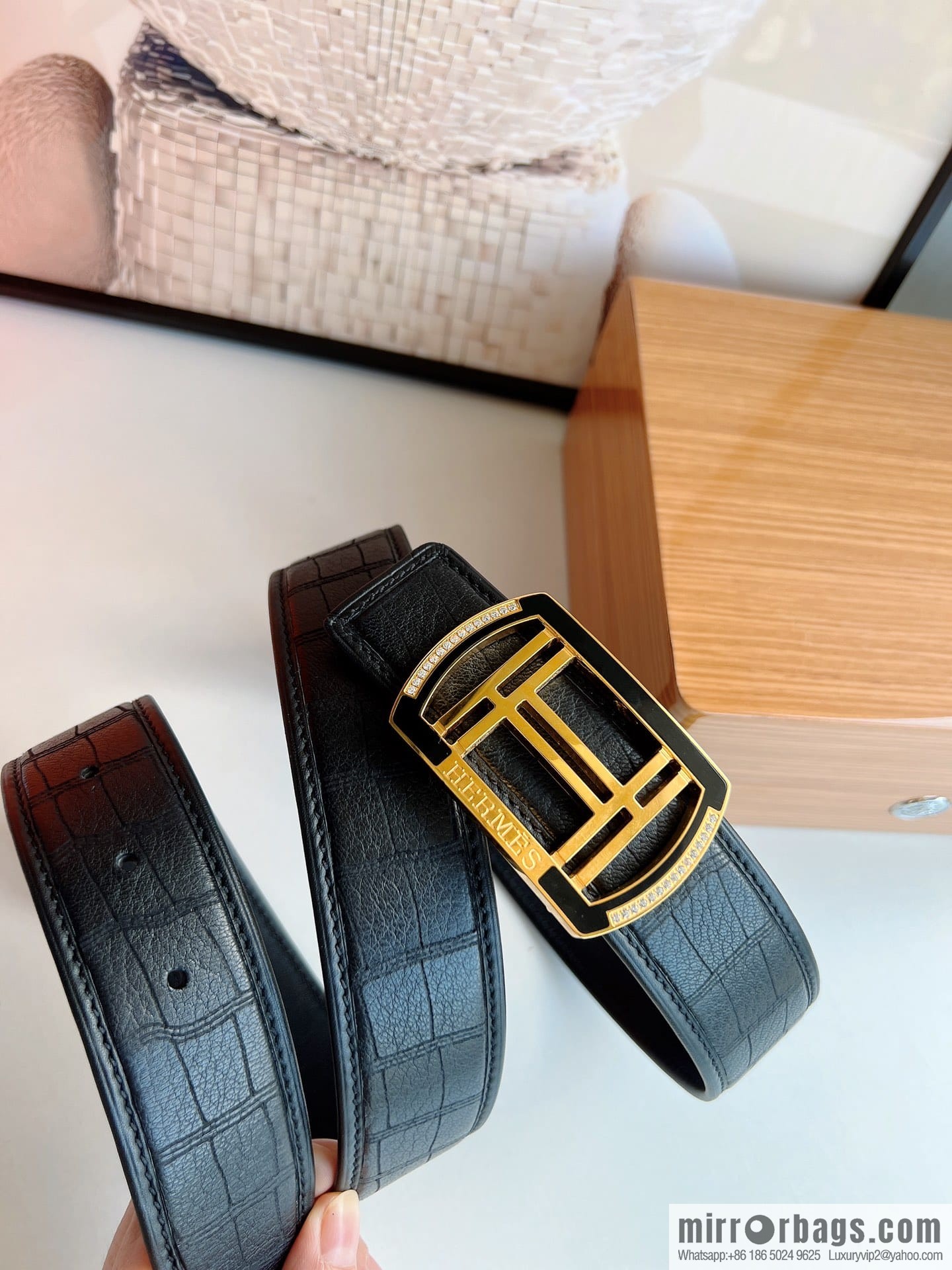 Hermes Hermes, Stainless Steel H Square Resin Inlaid Diamond Buckle Men's 3.8cm Belt