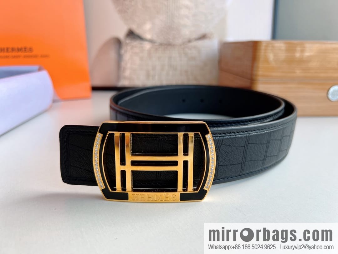 Hermes Hermes, Stainless Steel H Square Resin Inlaid Diamond Buckle Men's 3.8cm Belt