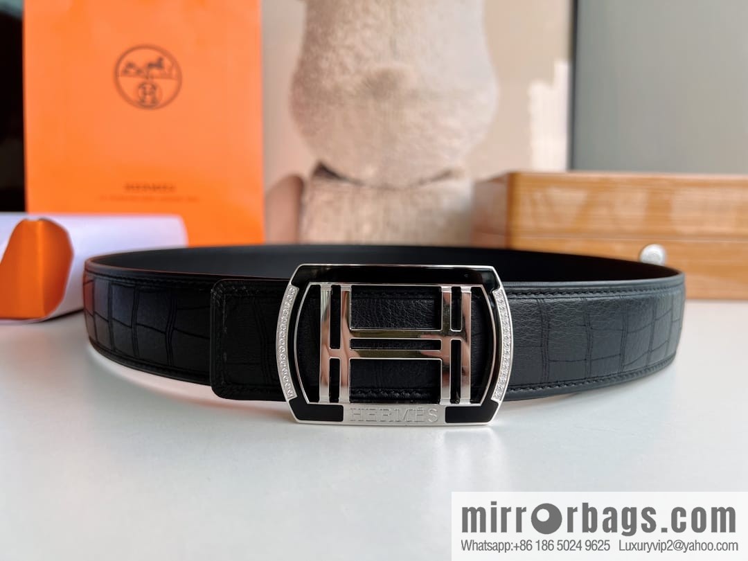 Hermes Hermes, Stainless Steel H Square Resin Inlaid Diamond Buckle Men's 3.8cm Belt