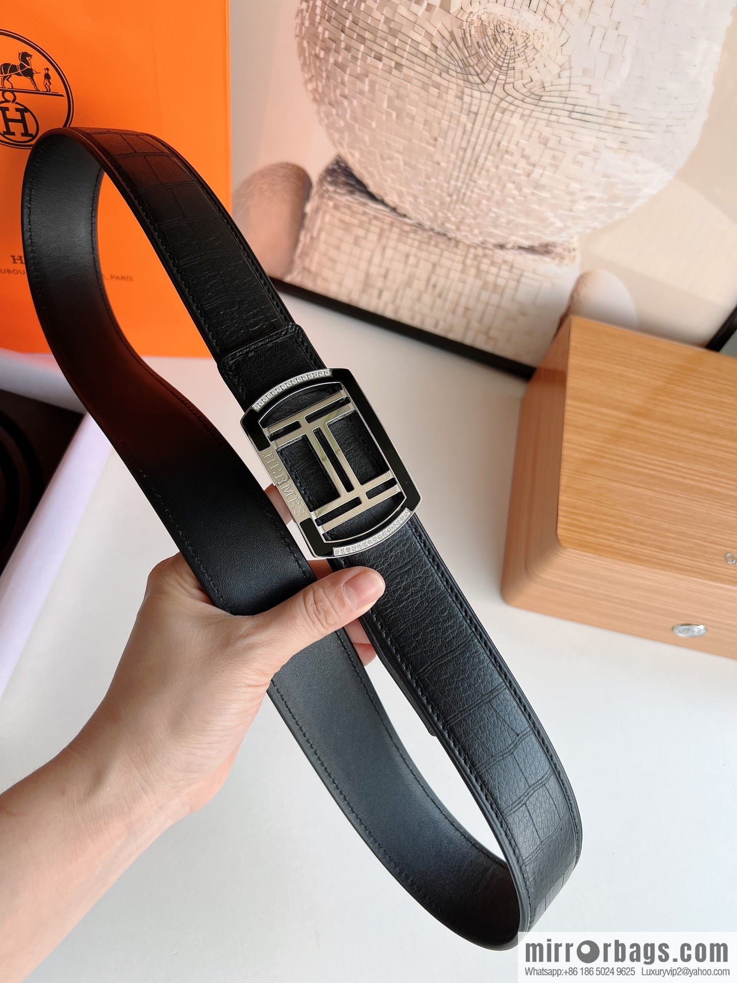 Hermes Hermes, Stainless Steel H Square Resin Inlaid Diamond Buckle Men's 3.8cm Belt
