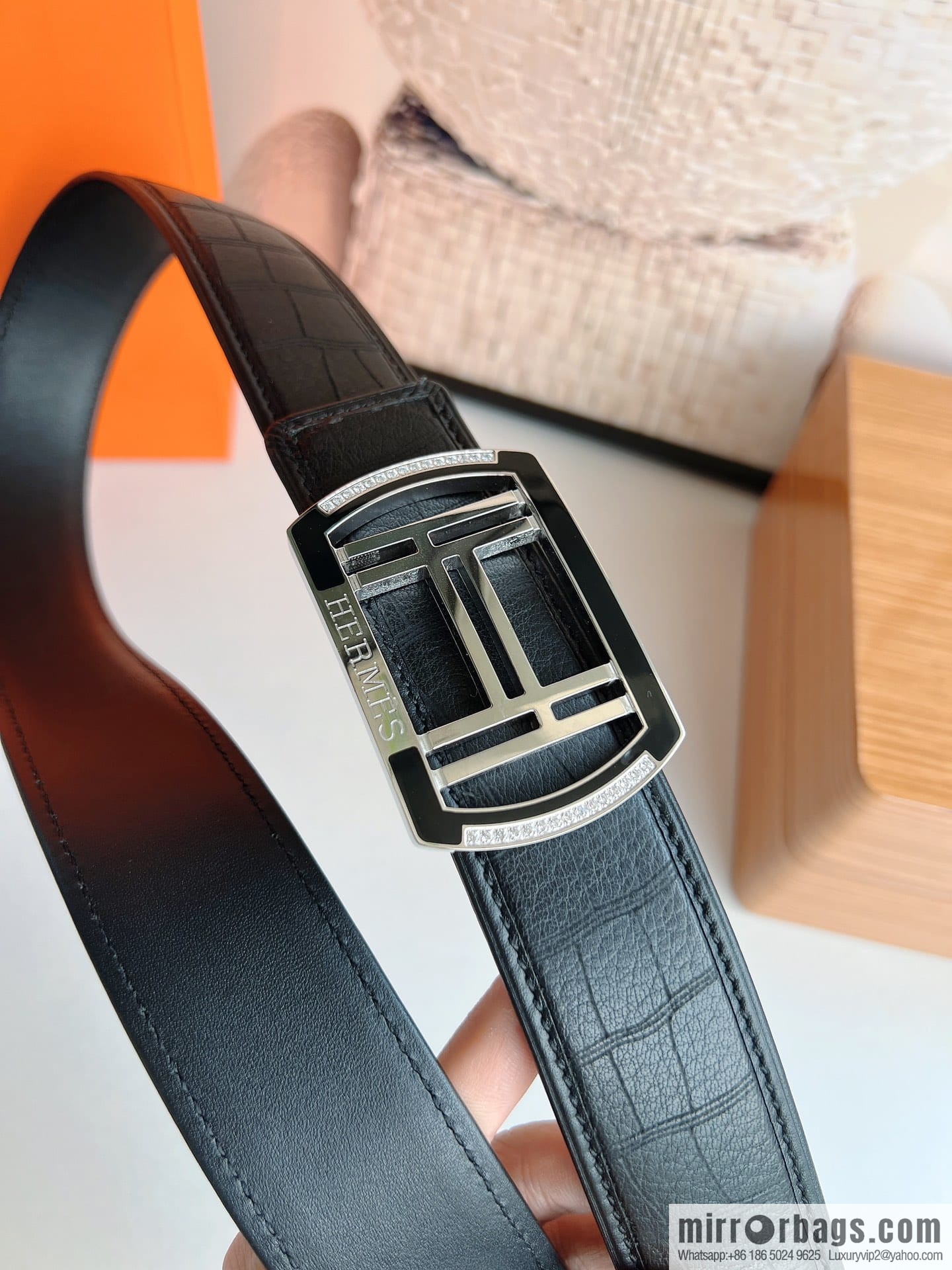 Hermes Hermes, Stainless Steel H Square Resin Inlaid Diamond Buckle Men's 3.8cm Belt