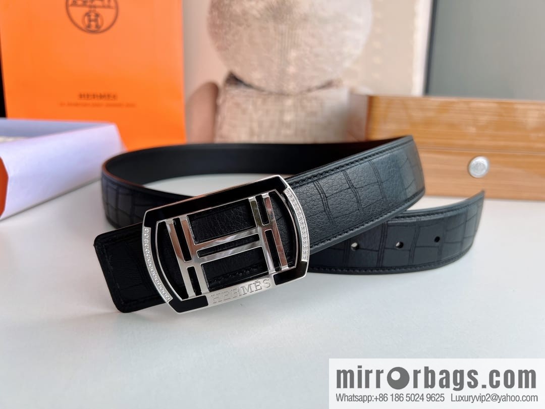 Hermes Hermes, Stainless Steel H Square Resin Inlaid Diamond Buckle Men's 3.8cm Belt