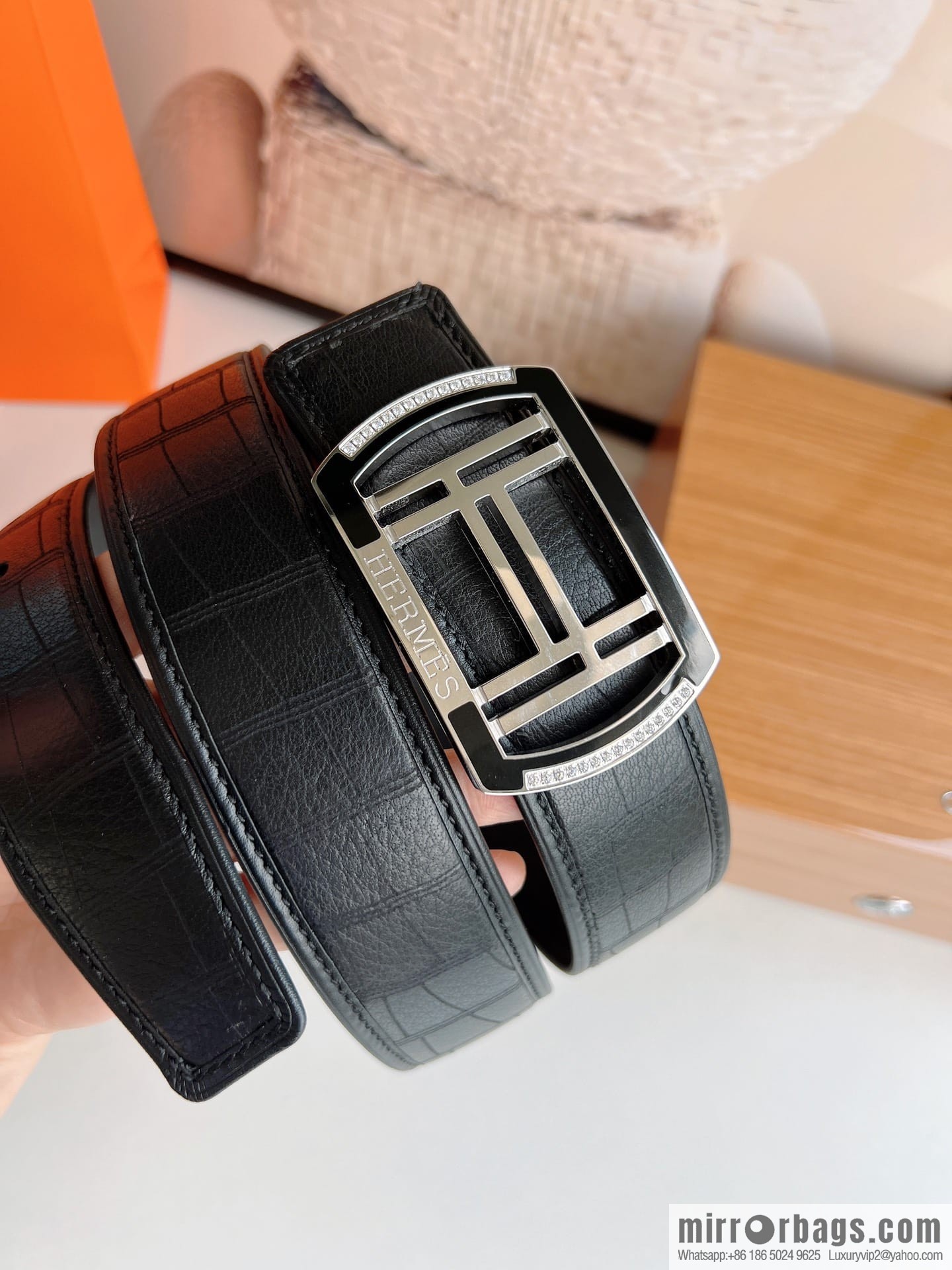 Hermes Hermes, Stainless Steel H Square Resin Inlaid Diamond Buckle Men's 3.8cm Belt