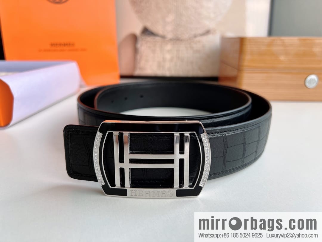 Hermes Hermes, Stainless Steel H Square Resin Inlaid Diamond Buckle Men's 3.8cm Belt