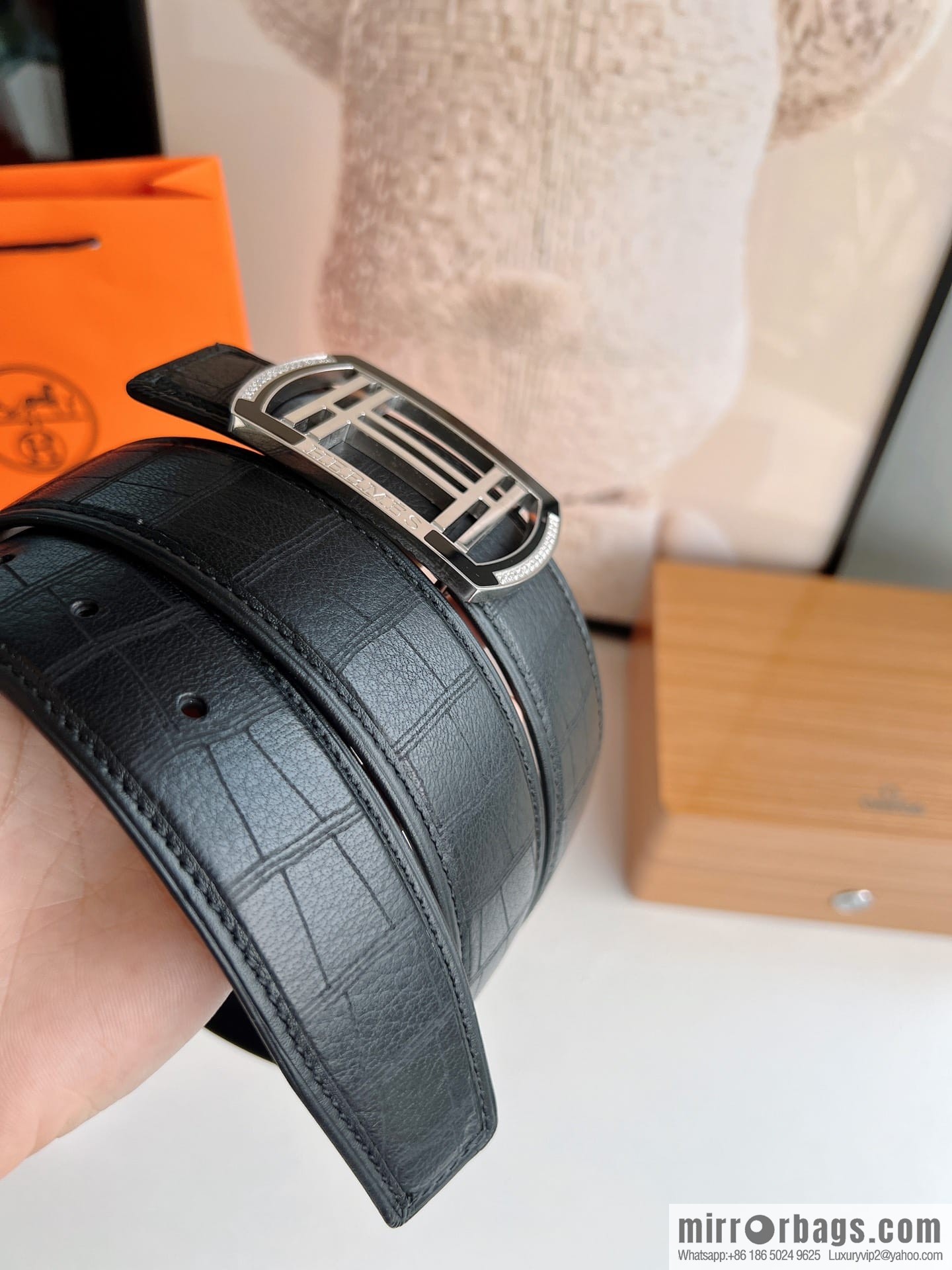 Hermes Hermes, Stainless Steel H Square Resin Inlaid Diamond Buckle Men's 3.8cm Belt