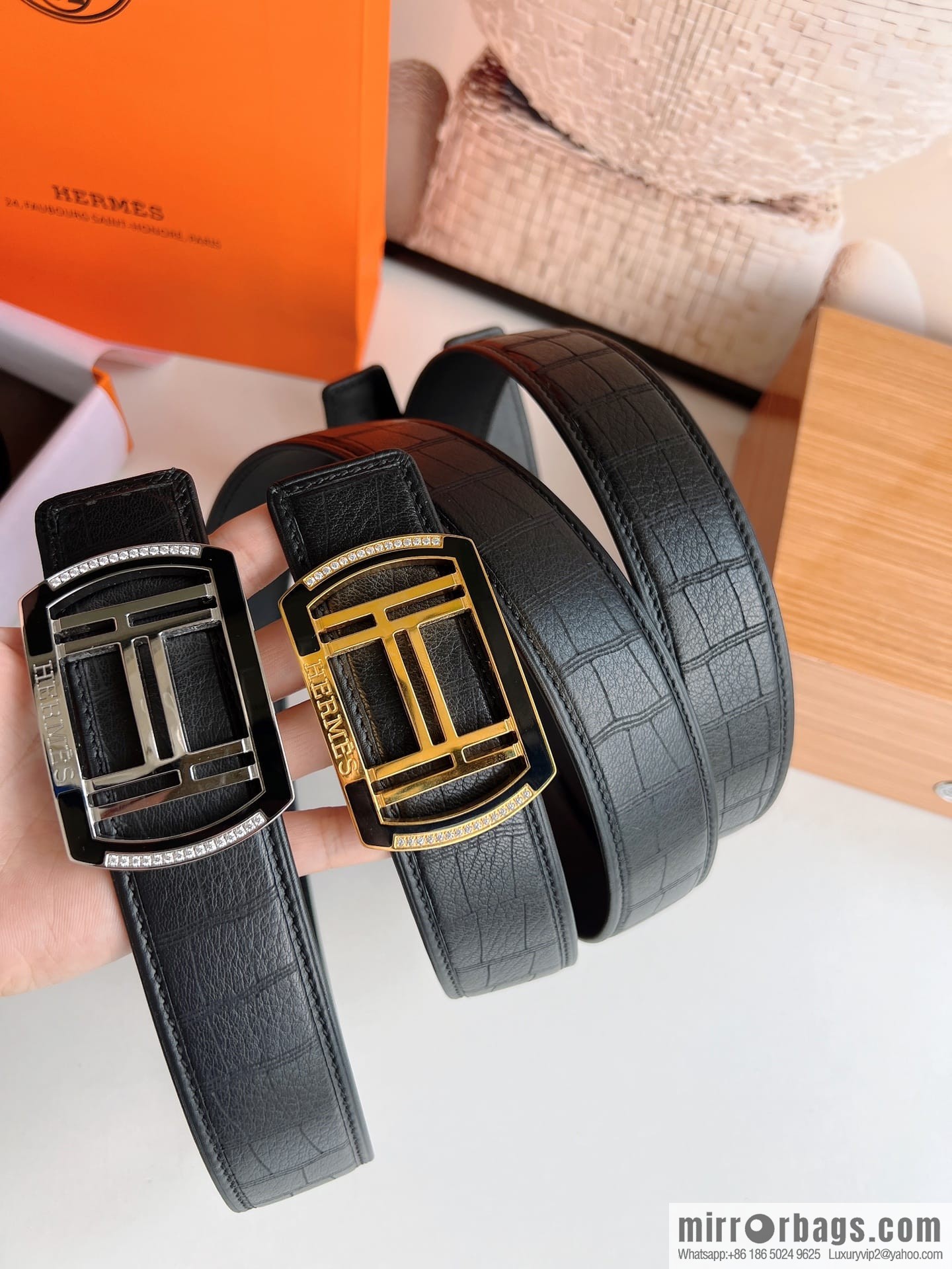 Hermes Hermes, Stainless Steel H Square Resin Inlaid Diamond Buckle Men's 3.8cm Belt