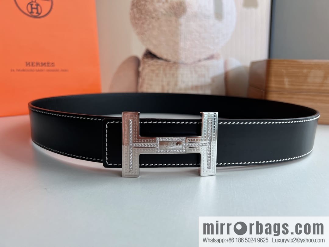 Hermes Hermes, stainless steel inlaid diamond metal buckle with first layer cowhide double-sided men's 3.8cm belt