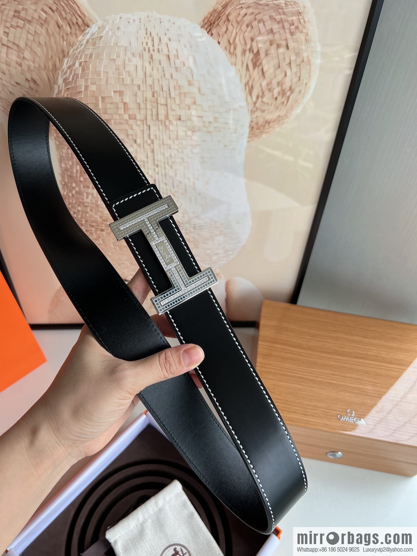 Hermes Hermes, stainless steel inlaid diamond metal buckle with first layer cowhide double-sided men's 3.8cm belt