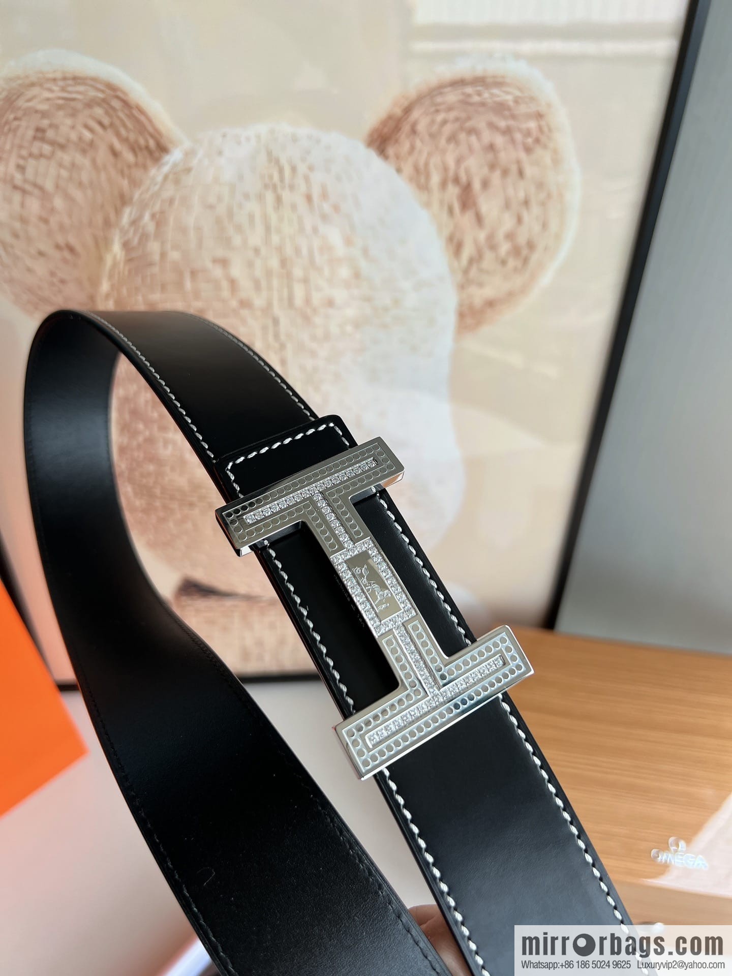 Hermes Hermes, stainless steel inlaid diamond metal buckle with first layer cowhide double-sided men's 3.8cm belt
