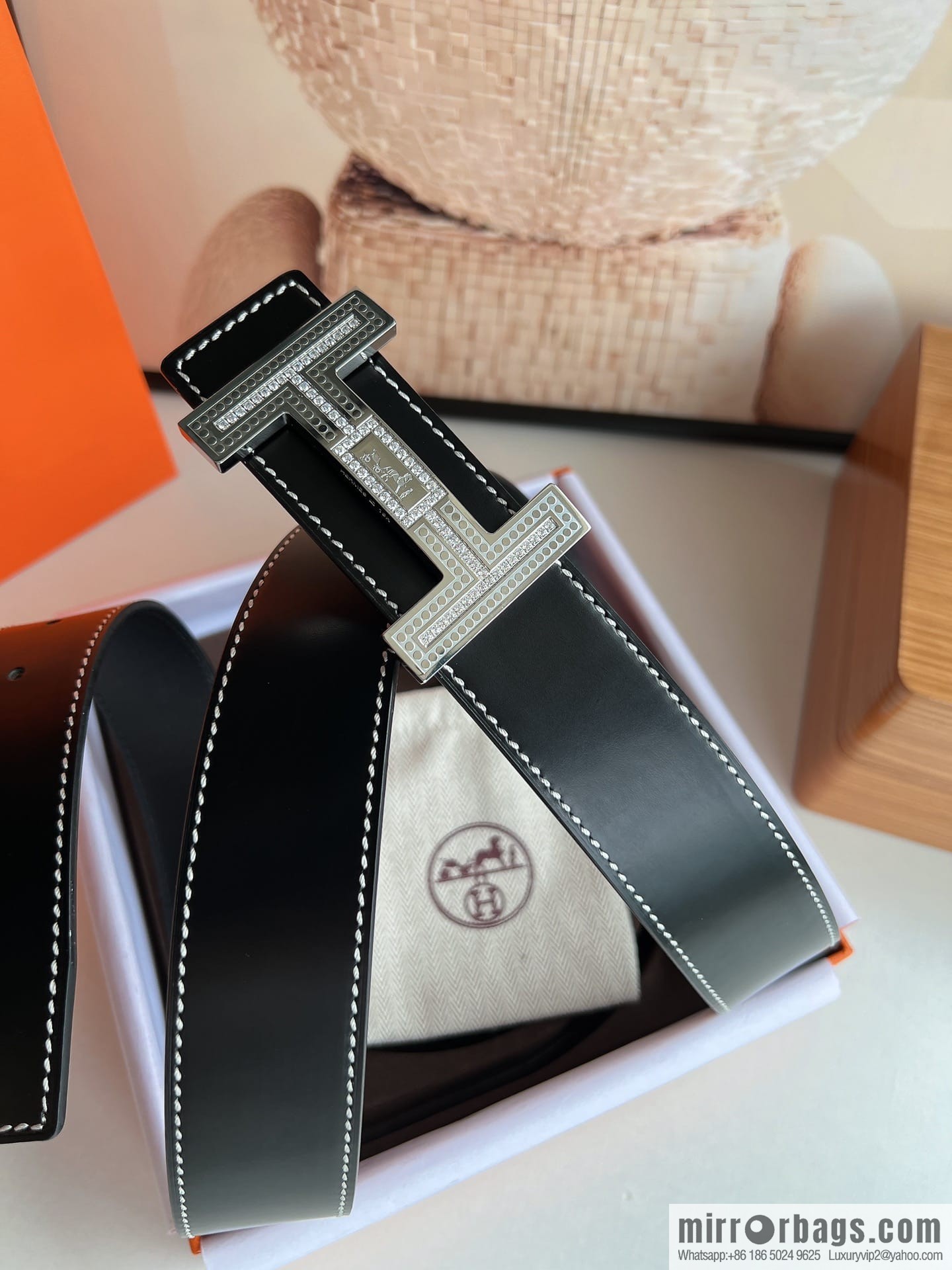 Hermes Hermes, stainless steel inlaid diamond metal buckle with first layer cowhide double-sided men's 3.8cm belt