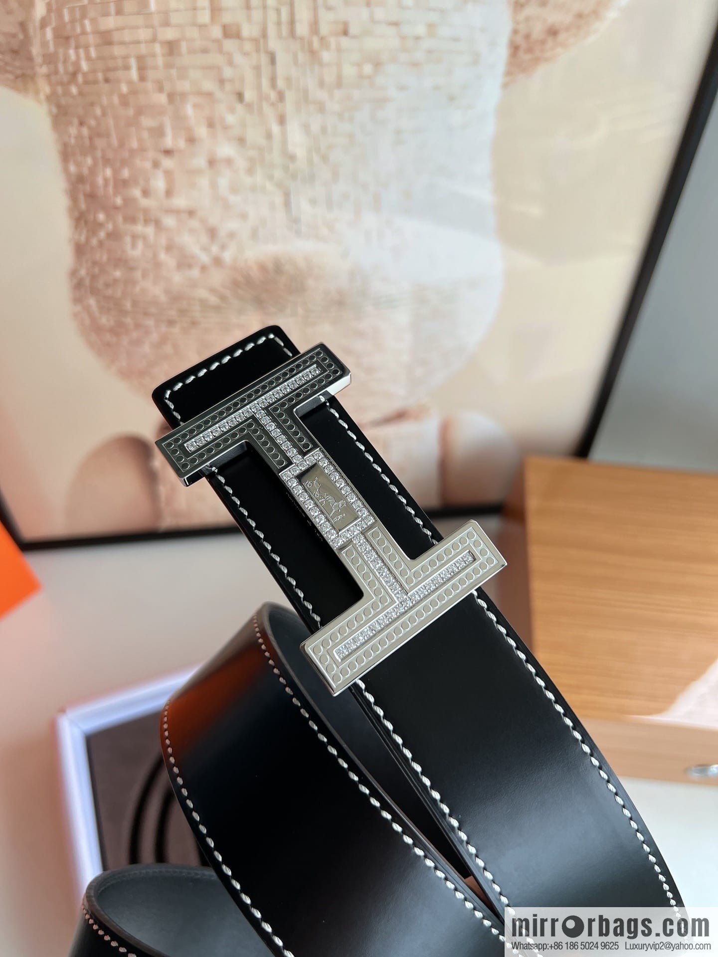 Hermes Hermes, stainless steel inlaid diamond metal buckle with first layer cowhide double-sided men's 3.8cm belt