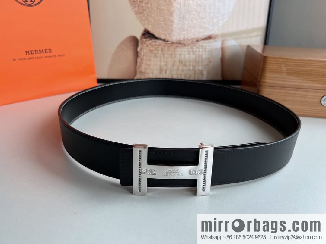 Hermes Hermes, stainless steel inlaid diamond metal buckle with first layer cowhide double-sided men's 3.8cm belt