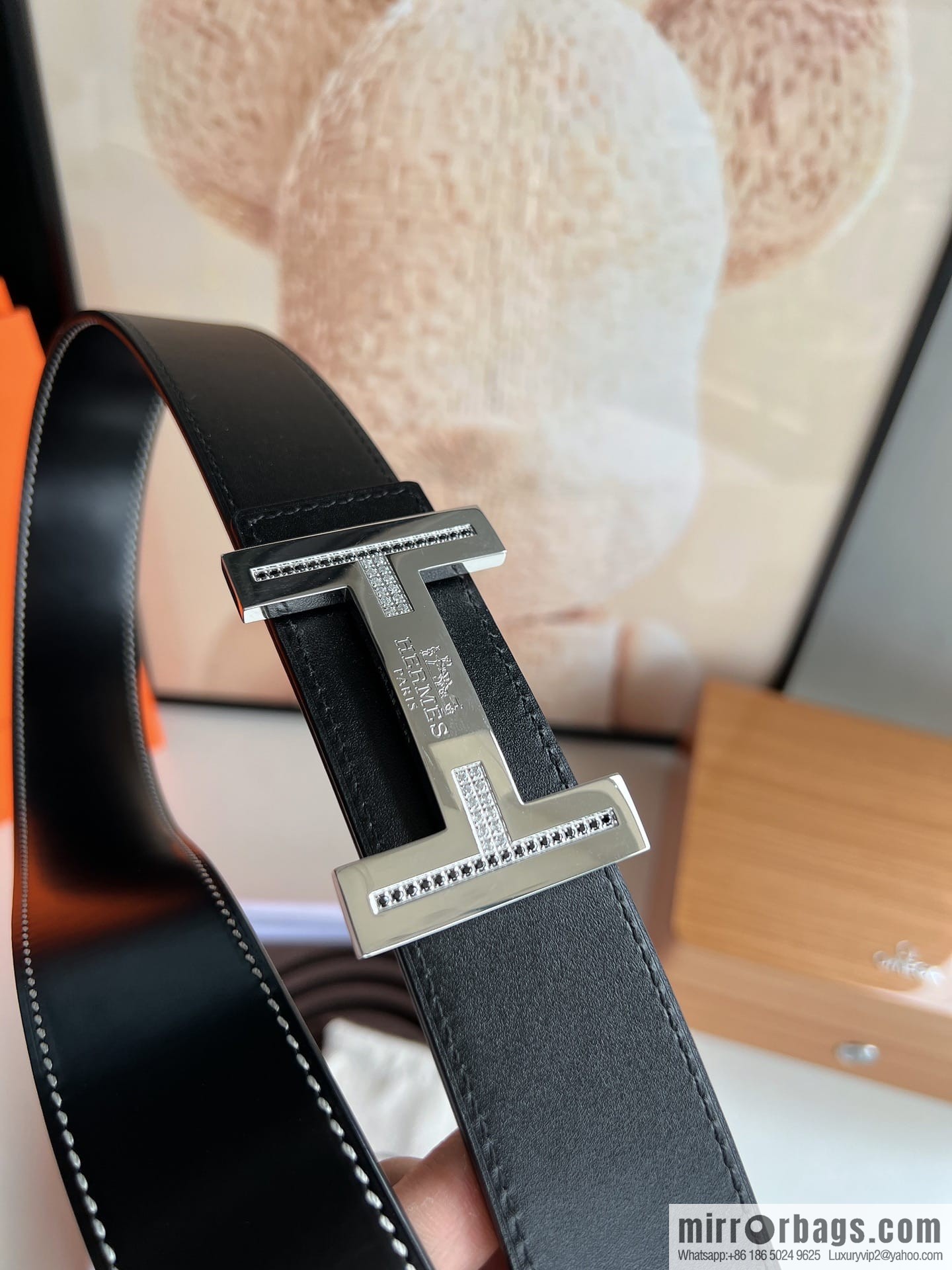 Hermes Hermes, stainless steel inlaid diamond metal buckle with first layer cowhide double-sided men's 3.8cm belt