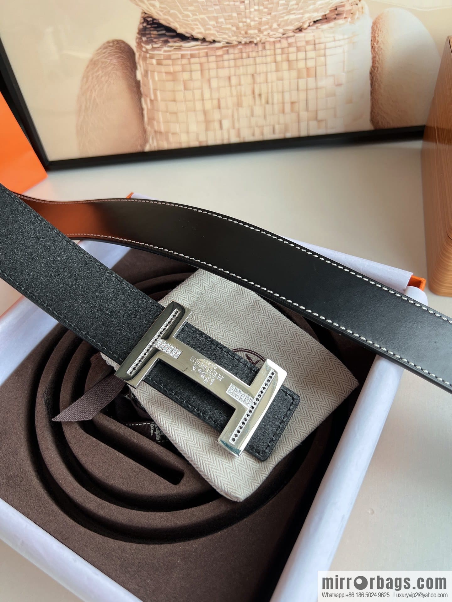 Hermes Hermes, stainless steel inlaid diamond metal buckle with first layer cowhide double-sided men's 3.8cm belt