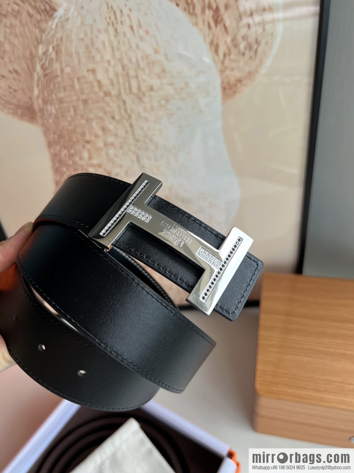 Hermes Hermes, stainless steel inlaid diamond metal buckle with first layer cowhide double-sided men's 3.8cm belt