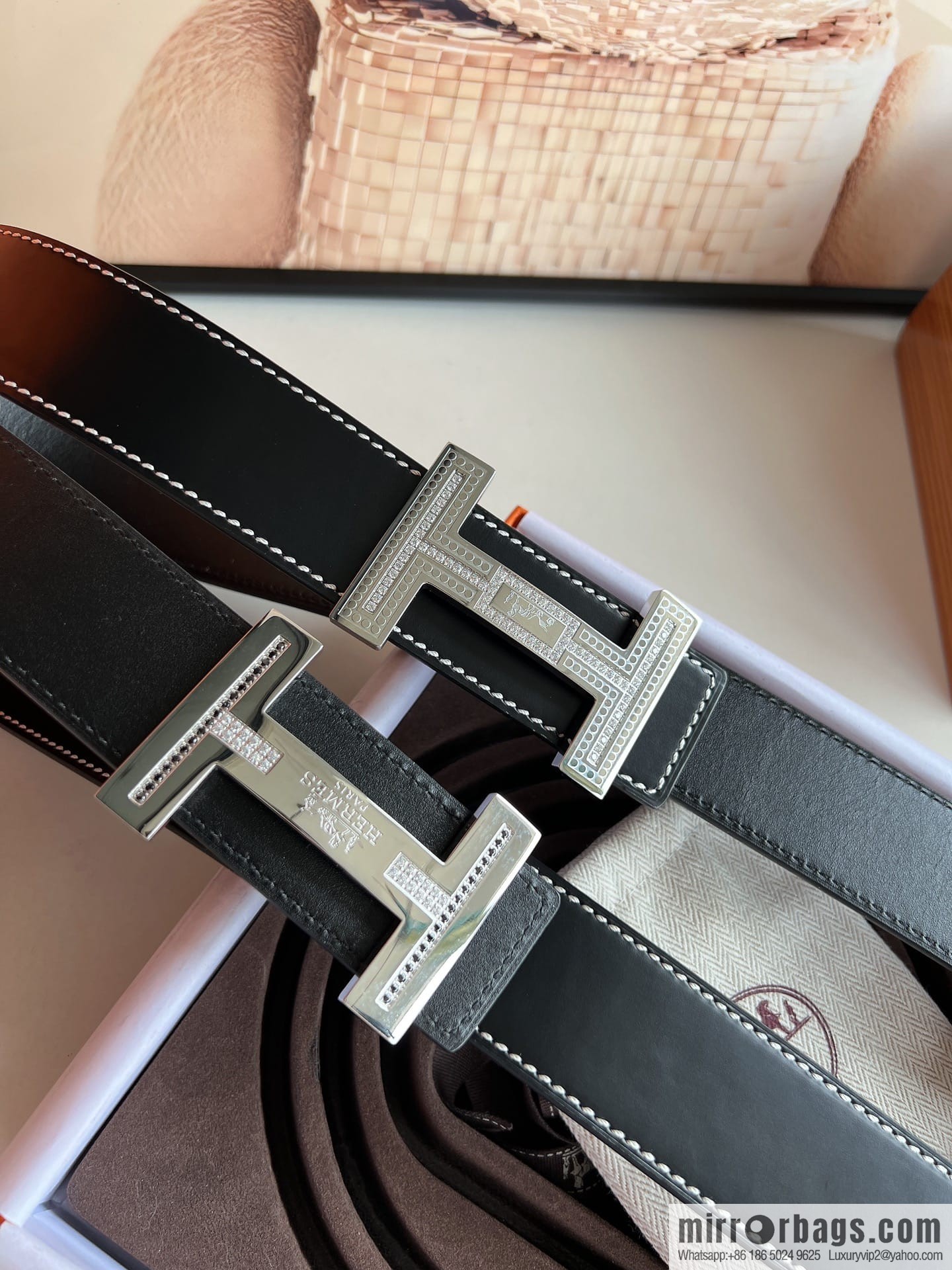 Hermes Hermes, stainless steel inlaid diamond metal buckle with first layer cowhide double-sided men's 3.8cm belt