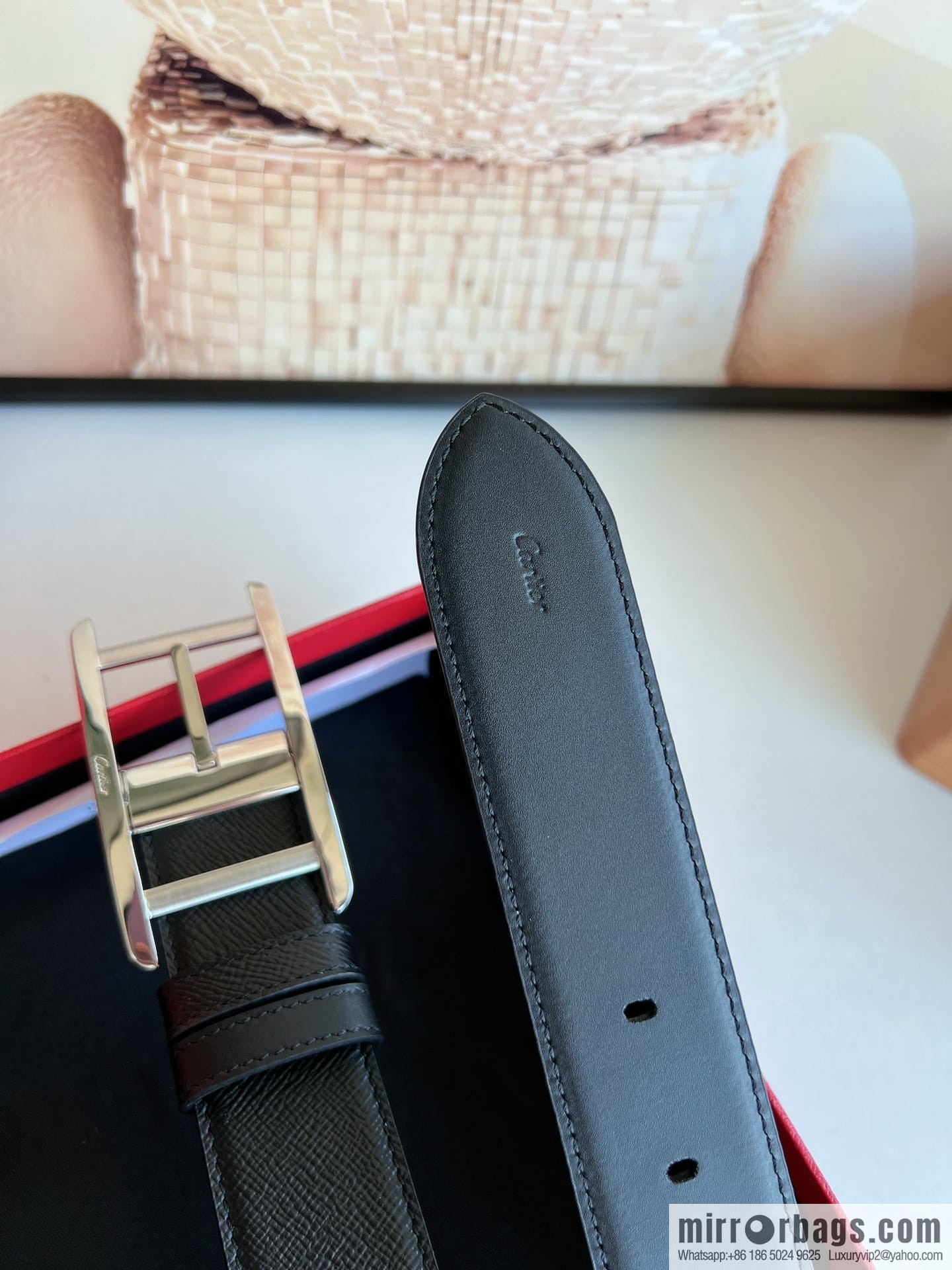 Cartier, double-sided men's belt in textured grey cowhide
