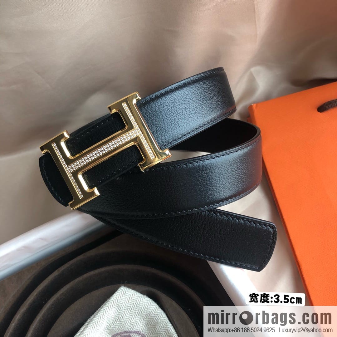 Hermes Hermes, men's 3.5cm first layer cowhide sheepskin with stainless steel H inlaid diamond buckle belt