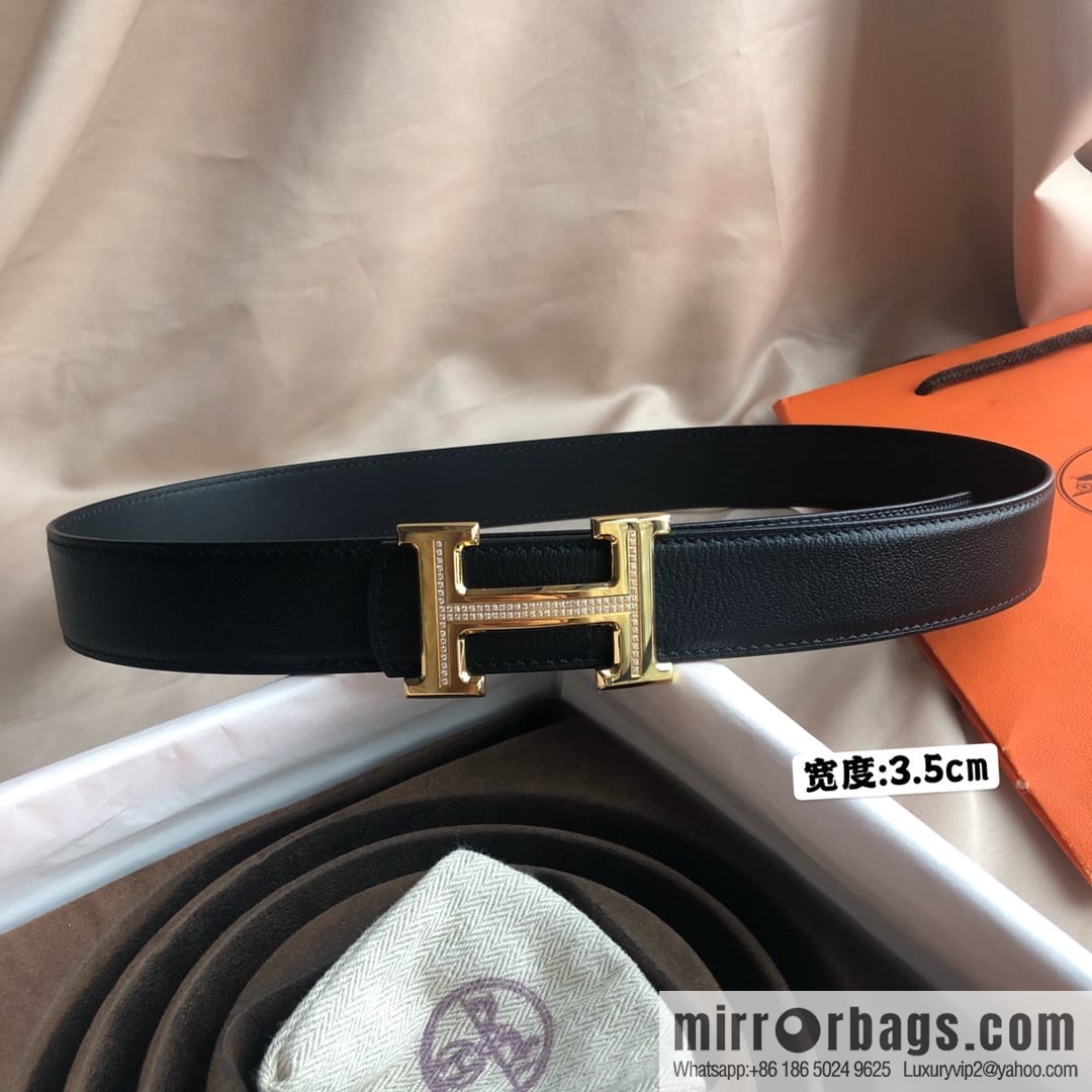 Hermes Hermes, men's 3.5cm first layer cowhide sheepskin with stainless steel H inlaid diamond buckle belt
