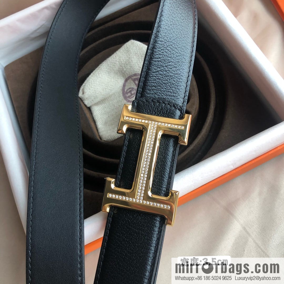 Hermes Hermes, men's 3.5cm first layer cowhide sheepskin with stainless steel H inlaid diamond buckle belt