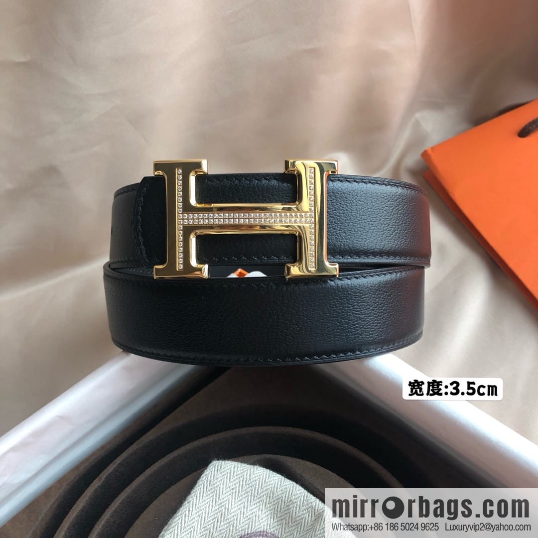Hermes Hermes, men's 3.5cm first layer cowhide sheepskin with stainless steel H inlaid diamond buckle belt