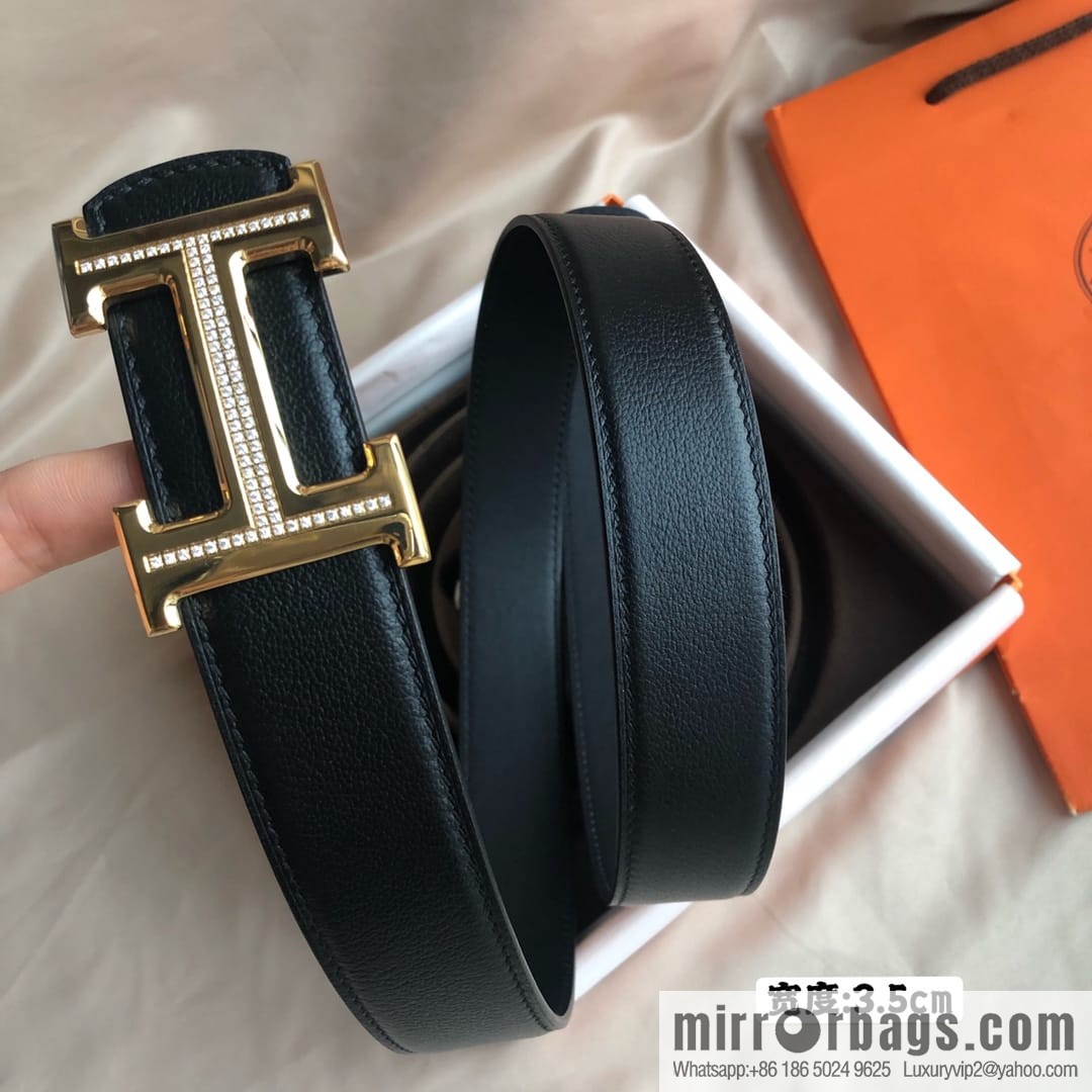 Hermes Hermes, men's 3.5cm first layer cowhide sheepskin with stainless steel H inlaid diamond buckle belt