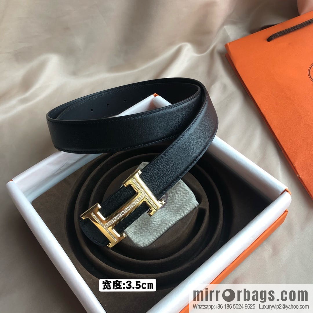 Hermes Hermes, men's 3.5cm first layer cowhide sheepskin with stainless steel H inlaid diamond buckle belt