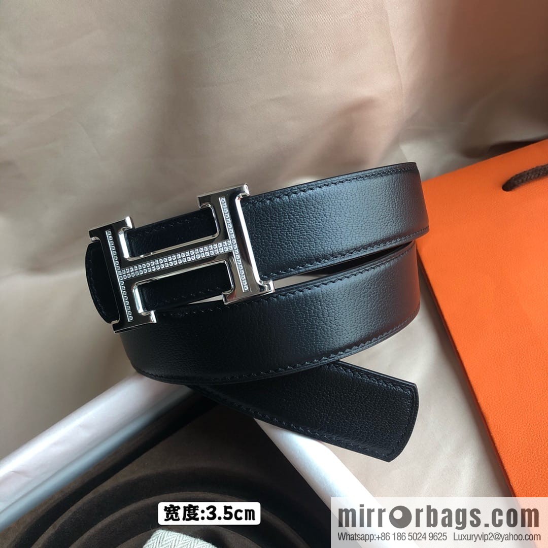 Hermes Hermes, men's 3.5cm first layer cowhide sheepskin with stainless steel H inlaid diamond buckle belt