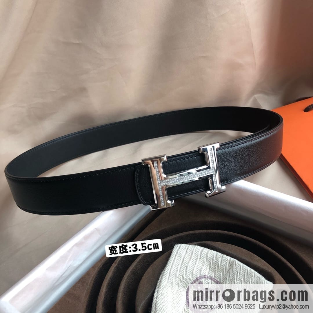 Hermes Hermes, men's 3.5cm first layer cowhide sheepskin with stainless steel H inlaid diamond buckle belt