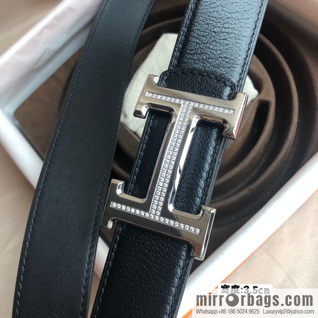 Hermes Hermes, men's 3.5cm first layer cowhide sheepskin with stainless steel H inlaid diamond buckle belt