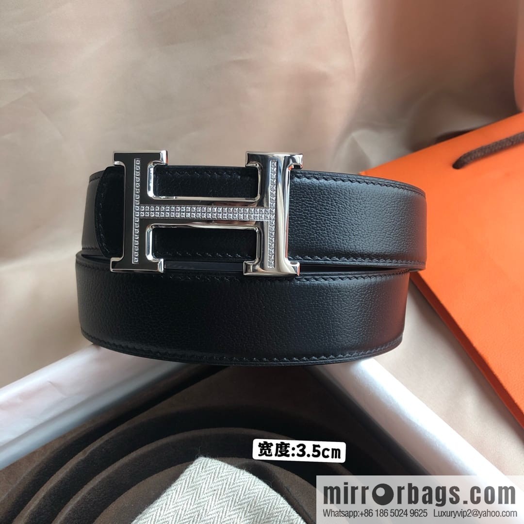 Hermes Hermes, men's 3.5cm first layer cowhide sheepskin with stainless steel H inlaid diamond buckle belt