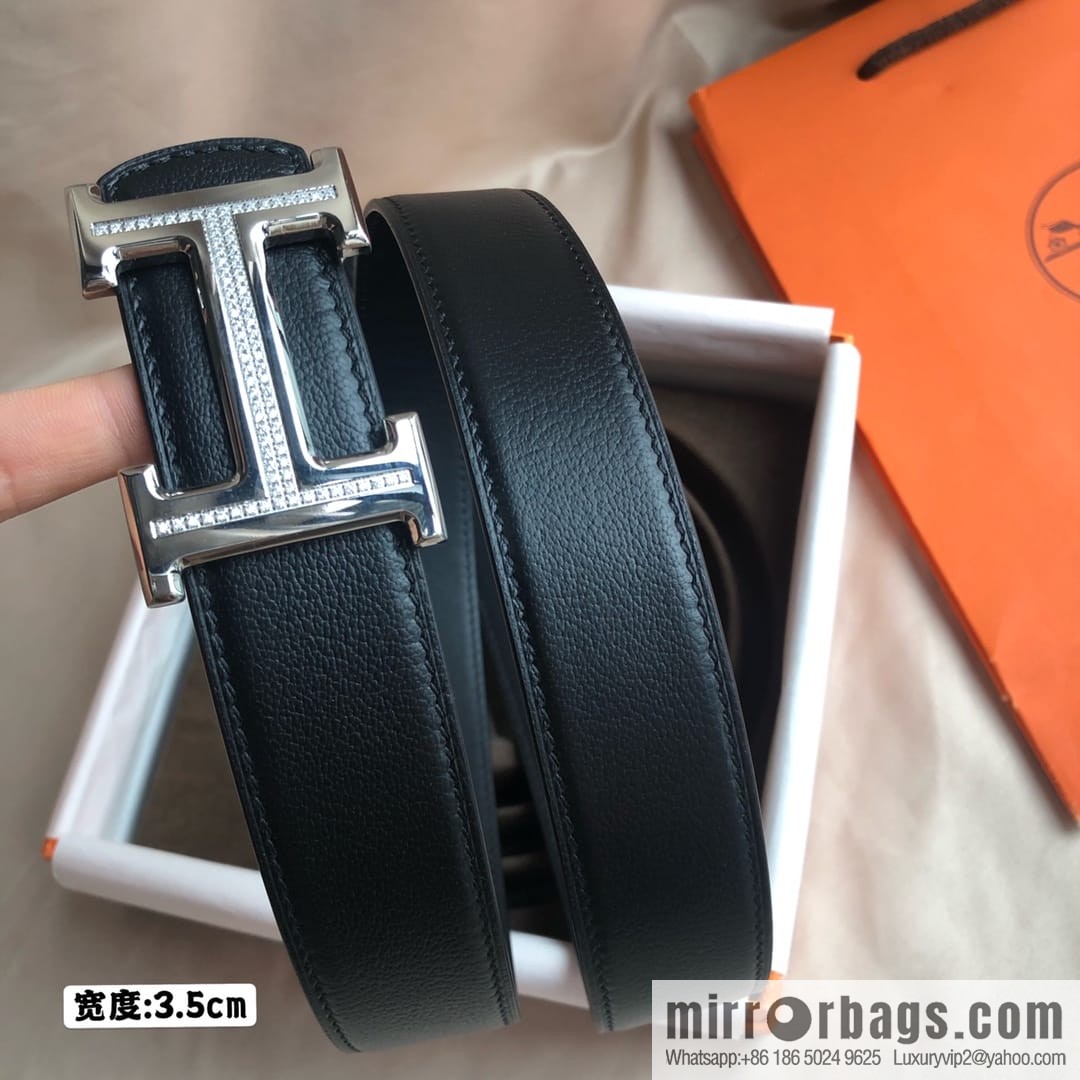 Hermes Hermes, men's 3.5cm first layer cowhide sheepskin with stainless steel H inlaid diamond buckle belt