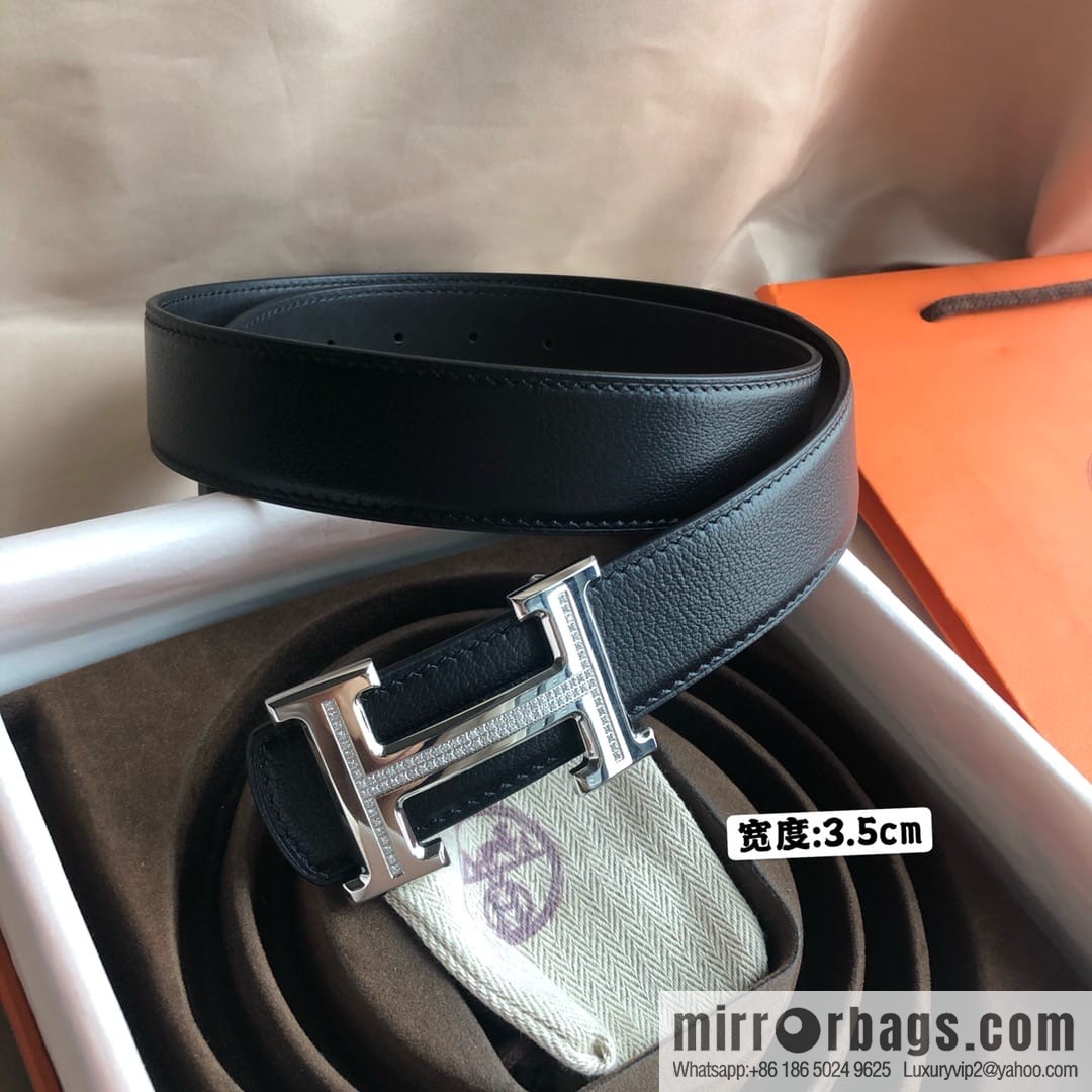 Hermes Hermes, men's 3.5cm first layer cowhide sheepskin with stainless steel H inlaid diamond buckle belt