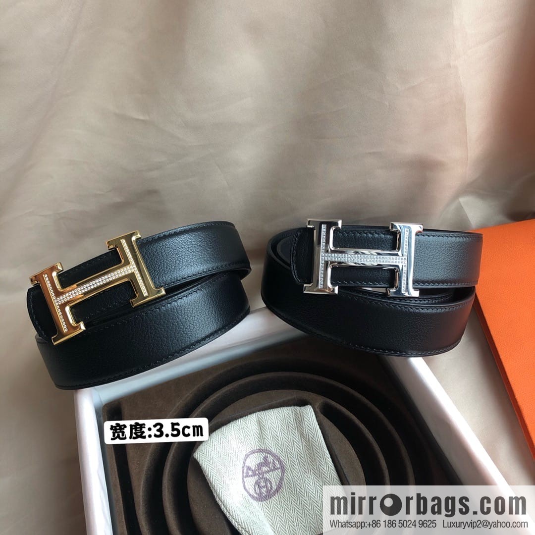 Hermes Hermes, men's 3.5cm first layer cowhide sheepskin with stainless steel H inlaid diamond buckle belt