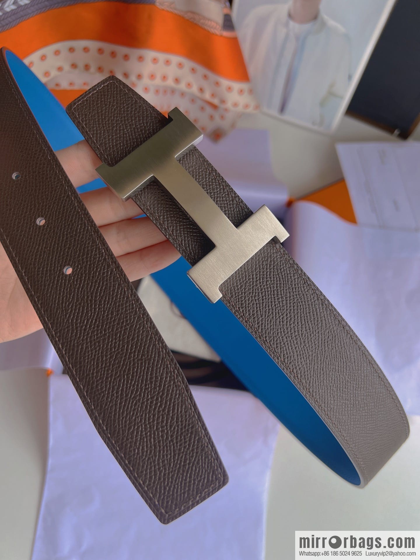 Hermes, Stainless Steel Quad Solder Joint Metal Buckle 38mm Double Sided Leather Belt