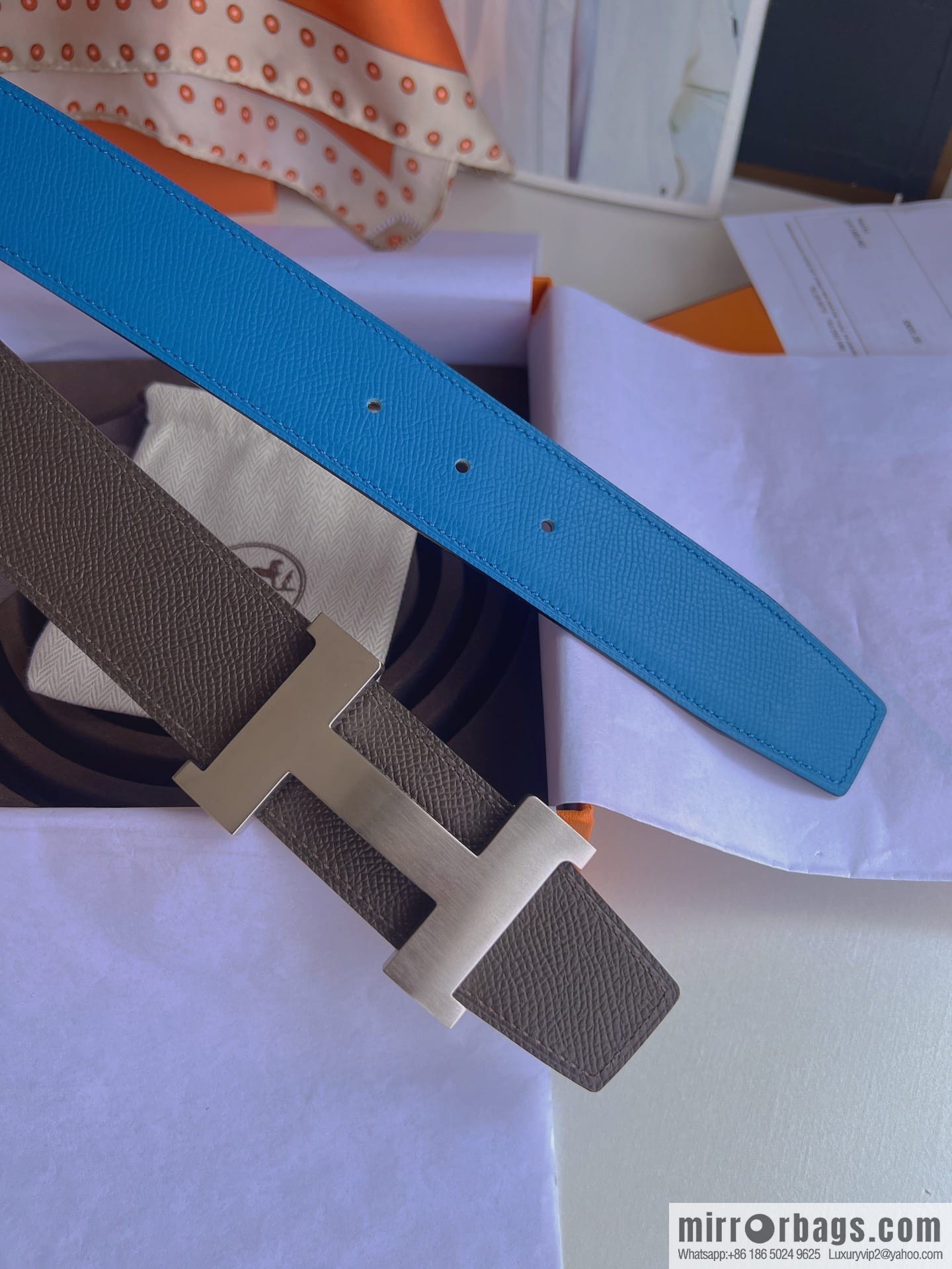 Hermes, Stainless Steel Quad Solder Joint Metal Buckle 38mm Double Sided Leather Belt