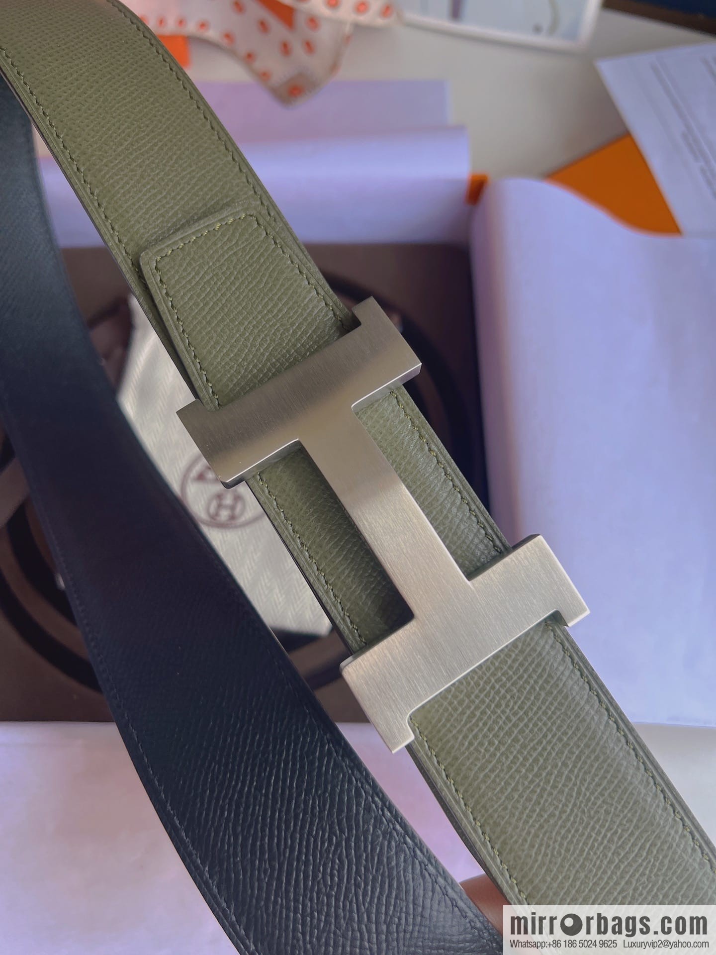Hermes, Stainless Steel Quad Solder Joint Metal Buckle 38mm Double Sided Leather Belt
