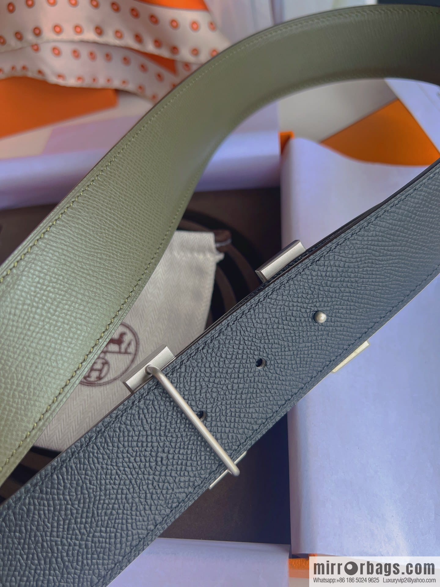 Hermes, Stainless Steel Quad Solder Joint Metal Buckle 38mm Double Sided Leather Belt