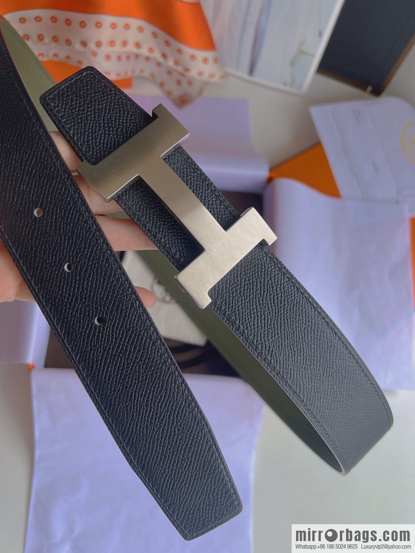 Hermes, Stainless Steel Quad Solder Joint Metal Buckle 38mm Double Sided Leather Belt